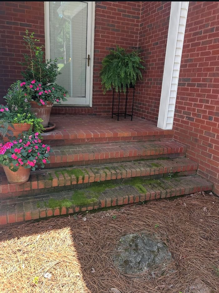 Stained red-brick steps before brick cleaning in Athens, GA